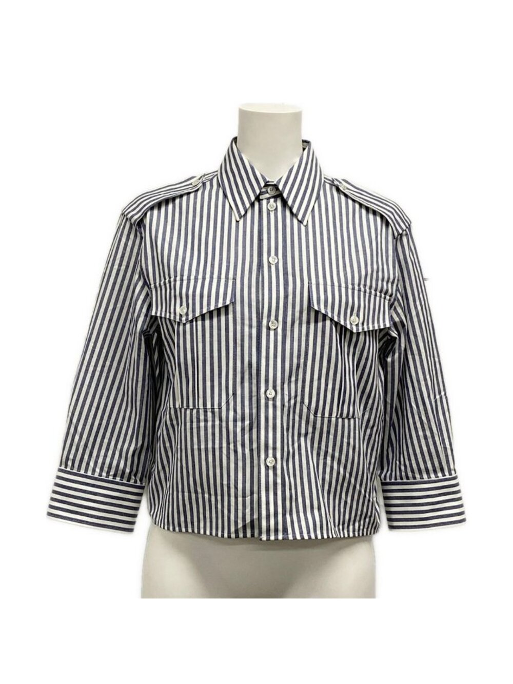Celine Three Quarter Sleeve Shirt Blouse 34 S White Blue Gray Striped Cotton